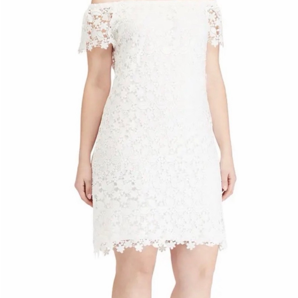 RALPH LAUREN White Lace Dress 16W Off Shoulder Bridal Cocktail Summer Party NWT